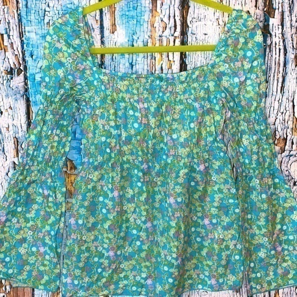 Mimi Maternity Floral Smocked Puff Shoulder Boho Bell Sleeve Built In Bra Top
